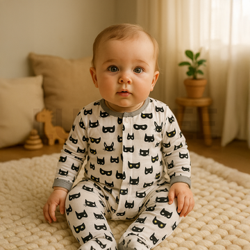 BLACK PATTERNED ONE SIDE ZIPPER SLEEPSUIT