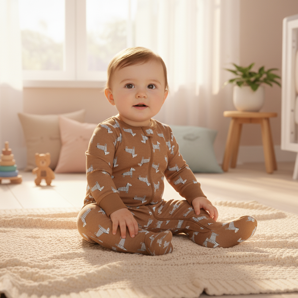 BROWN ZEBRA PATTERNED SLEEPSUIT