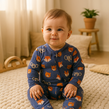 BLUE ANIMAL PRINTED ZIPPER ROMPER