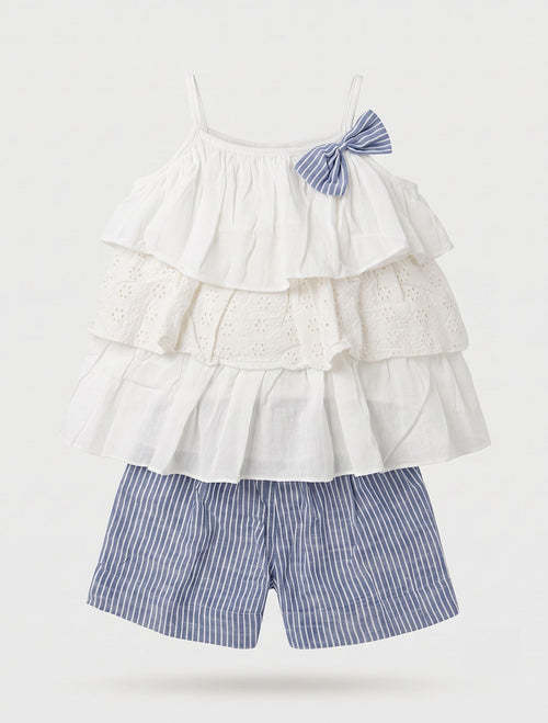 White hakkoba top with blue striped shorts set