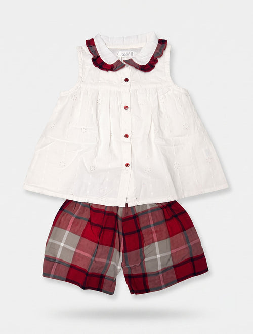 White hakkoba top and Red checkered shorts set