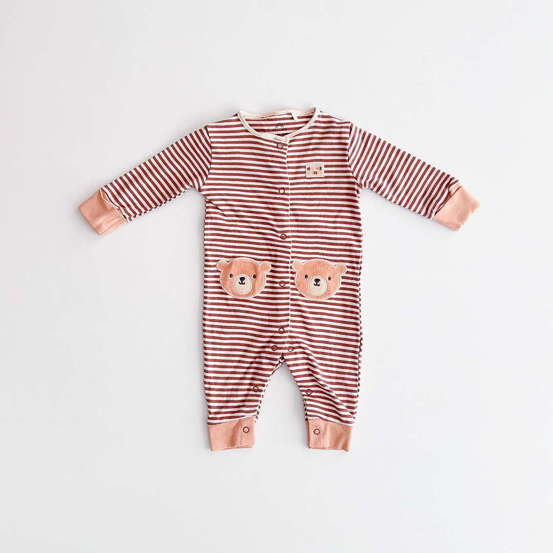 BROWN TEADDY BEAR STRIPED ROMPER