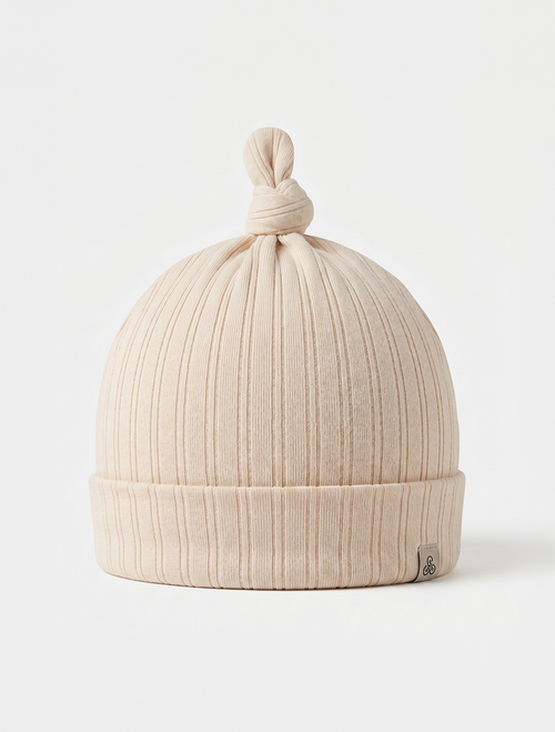 BEIGE RIBBED KNOT CAP