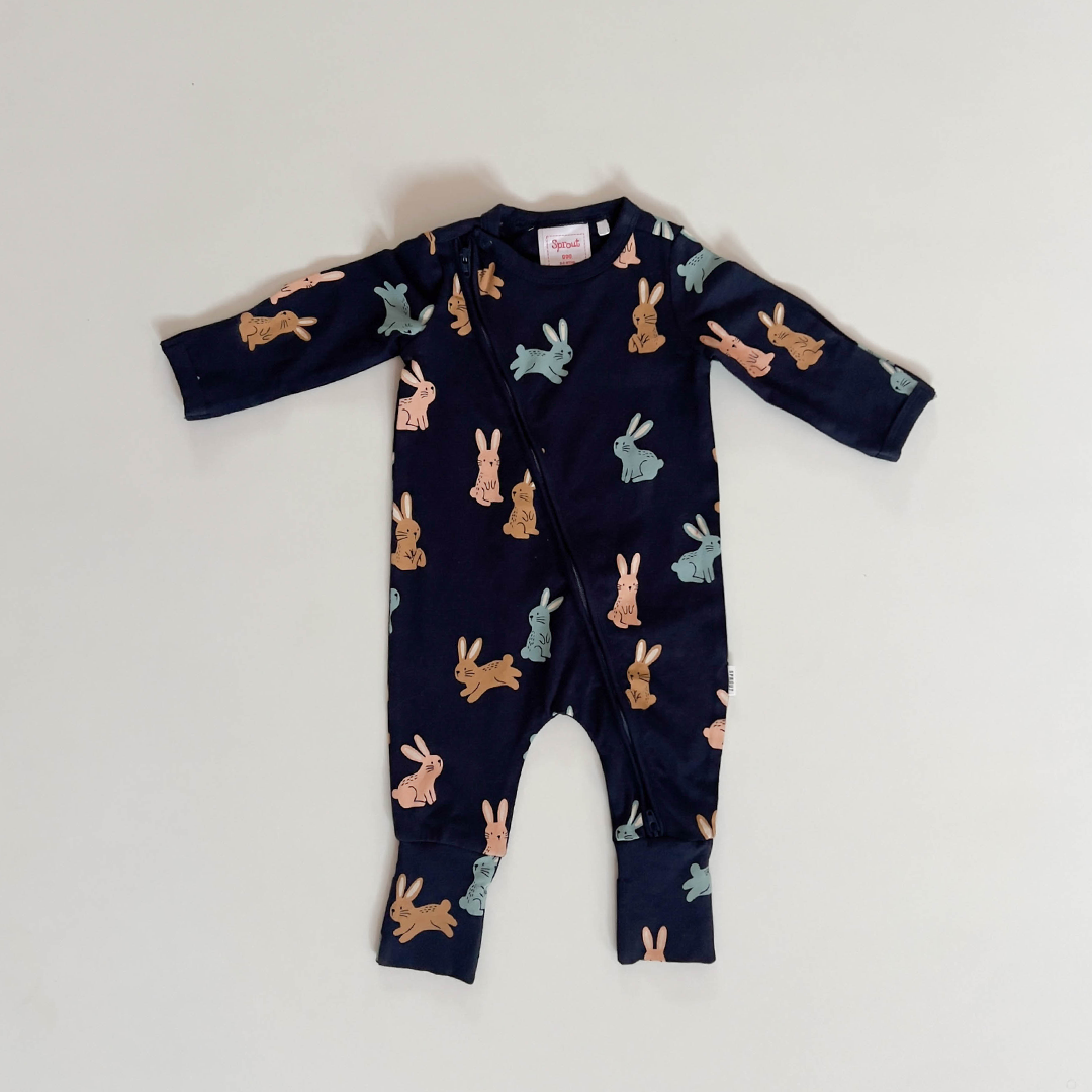 BUNNY PRINTED BLUE ZIPPER ROMPER
