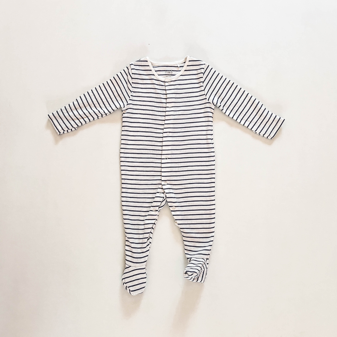 BLUE STRIPED KNITTED SLEEPSUIT