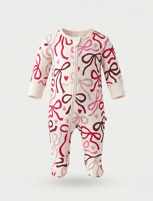 Red and pink ribbed bow printed sleep suit