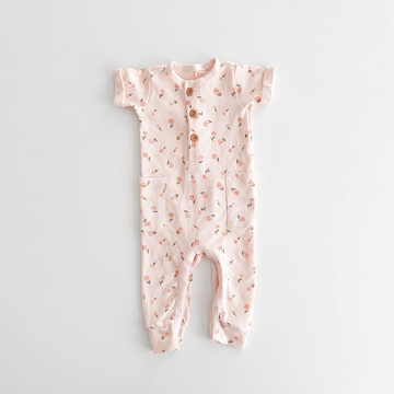 PEACH FLORAL RIBBED KNIT ROMPER