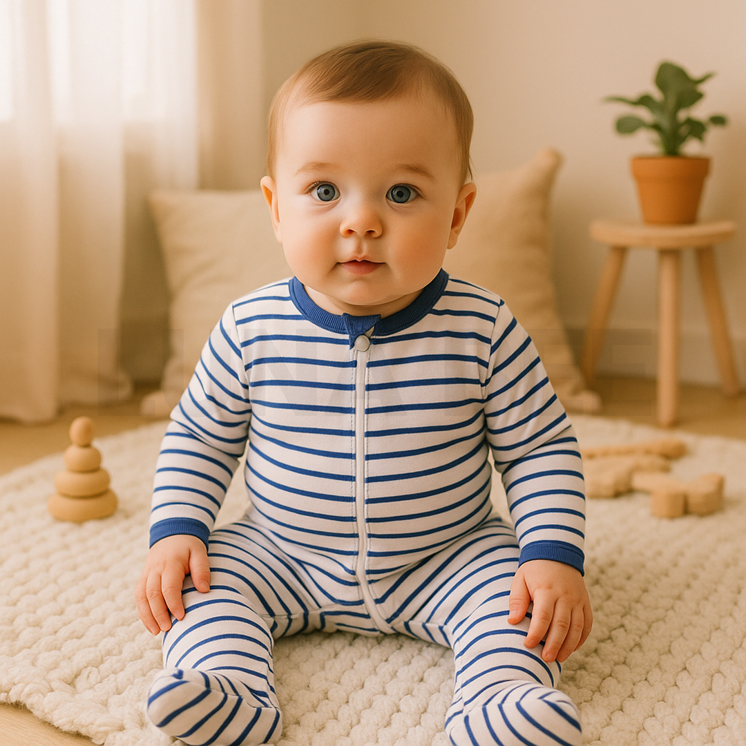 BLUE STRIPPED ZIPPER SLEEPSUIT