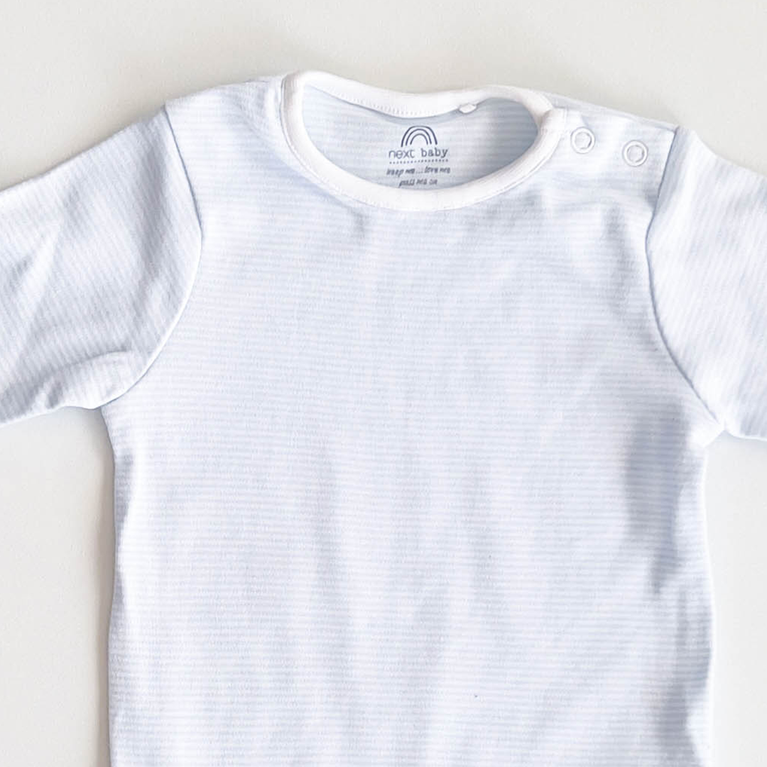 BLUE AND WHITE STRIPED ONESIE