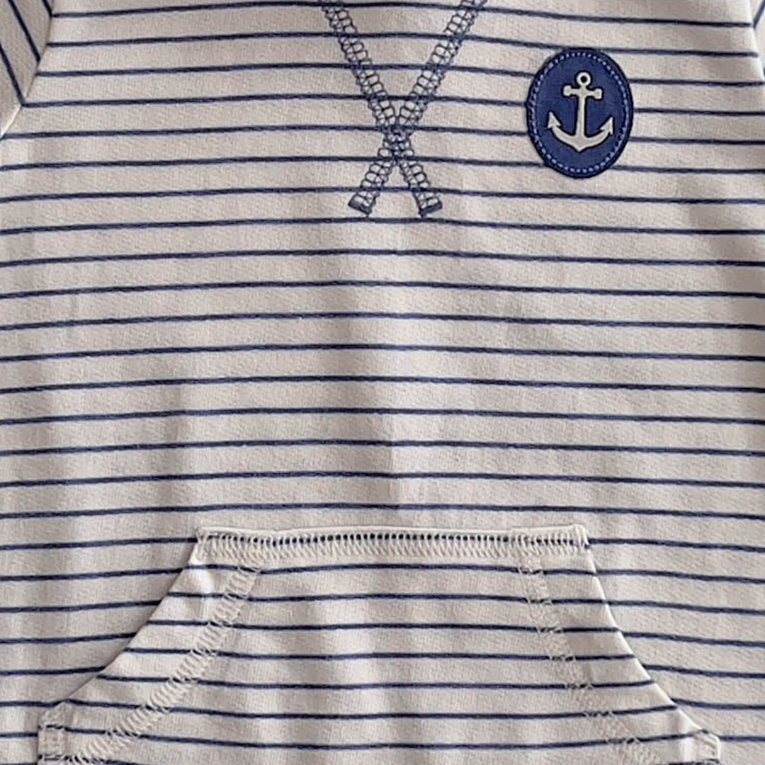 BLUE AND WHITE STRIPED HOODED JUMPSUIT