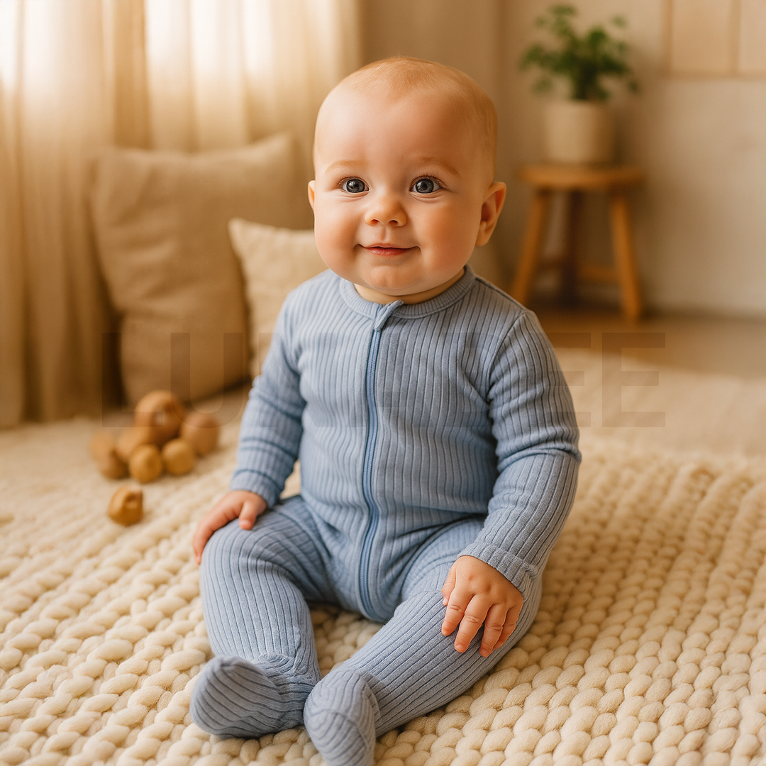 BLUE PLAIN RIBBED SLEEPSUIT