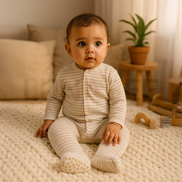 BEIGE STRIPED ZIPPER SLEEPSUIT