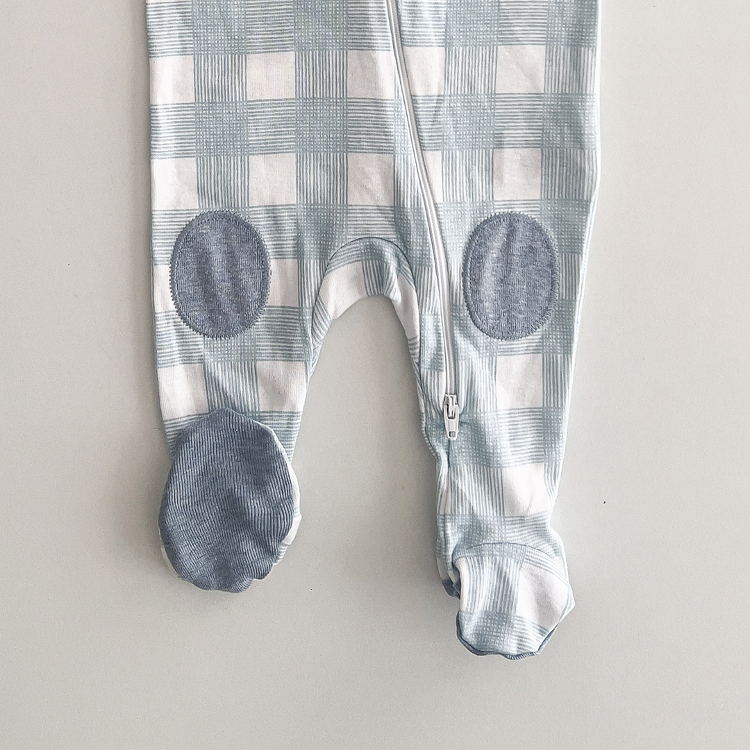 BLUE AND WHITE GINGHAM PRINT SLEEPSUIT