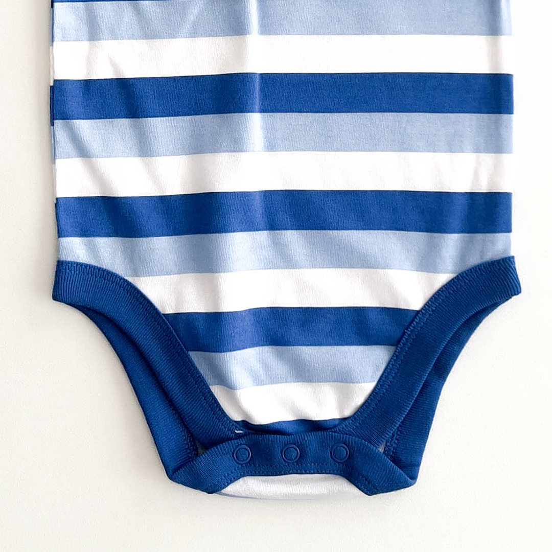 BLUE AND WHITE LINED SLEEVELESS ONESIE