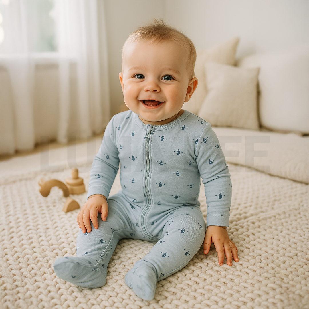 BLUE PATTERNED VISCOUS SLEEPSUIT