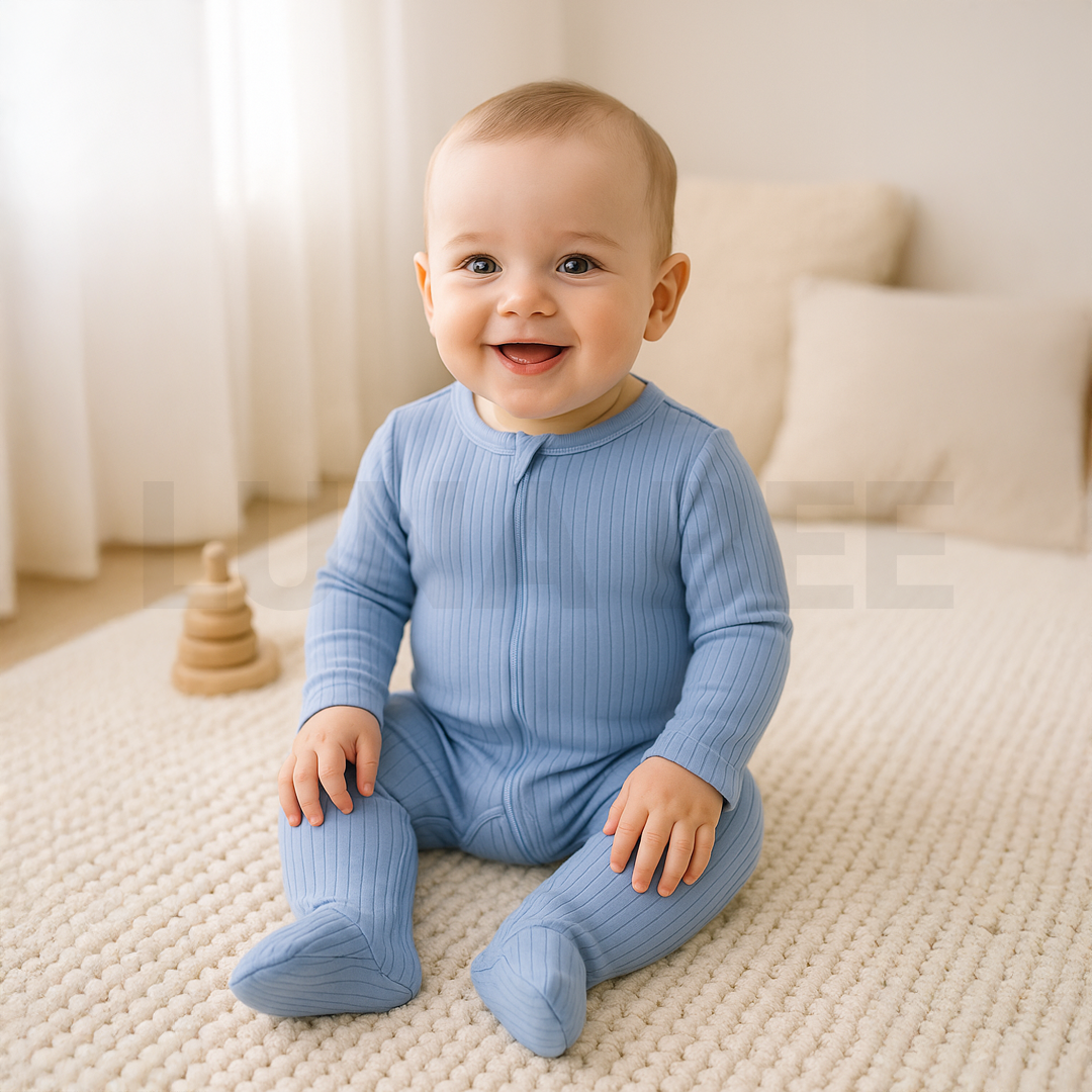BLUE RIBBED ZIPPER SLEEPSUIT