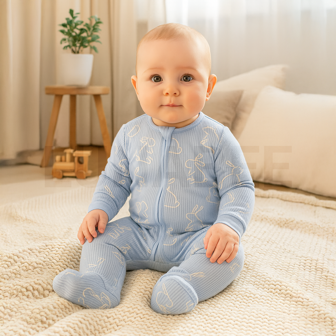 BLUE BUNNY RIBBED SLEEPSUIT