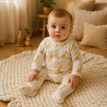 YELLOW GIRAFFE PRINTED SLEEPSUIT