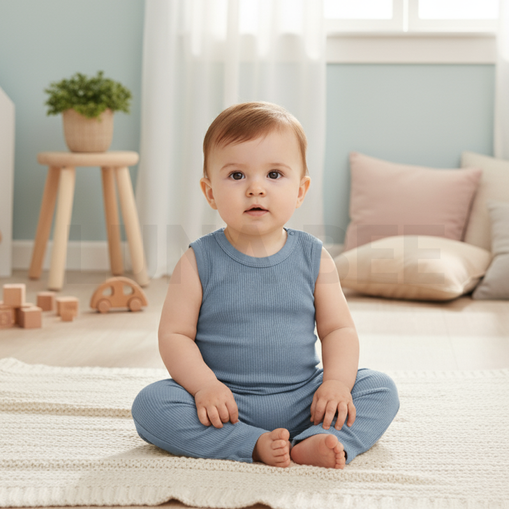 BLUE RIBBED SLEEVELESS ROMPER