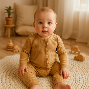 Tan colored ribbed ruffled romper