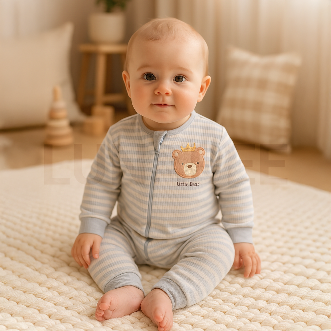 BLUE AND WHITE STRIPED RIBBED ROMPER