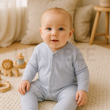 BLUE AND WHITE CHECK ROMPER