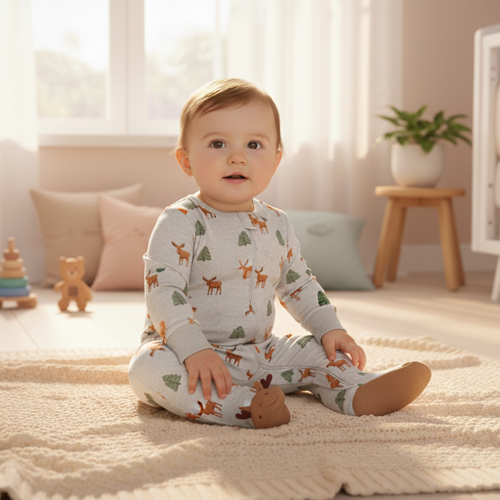 GREY DEER PRINTED SLEEPSUIT