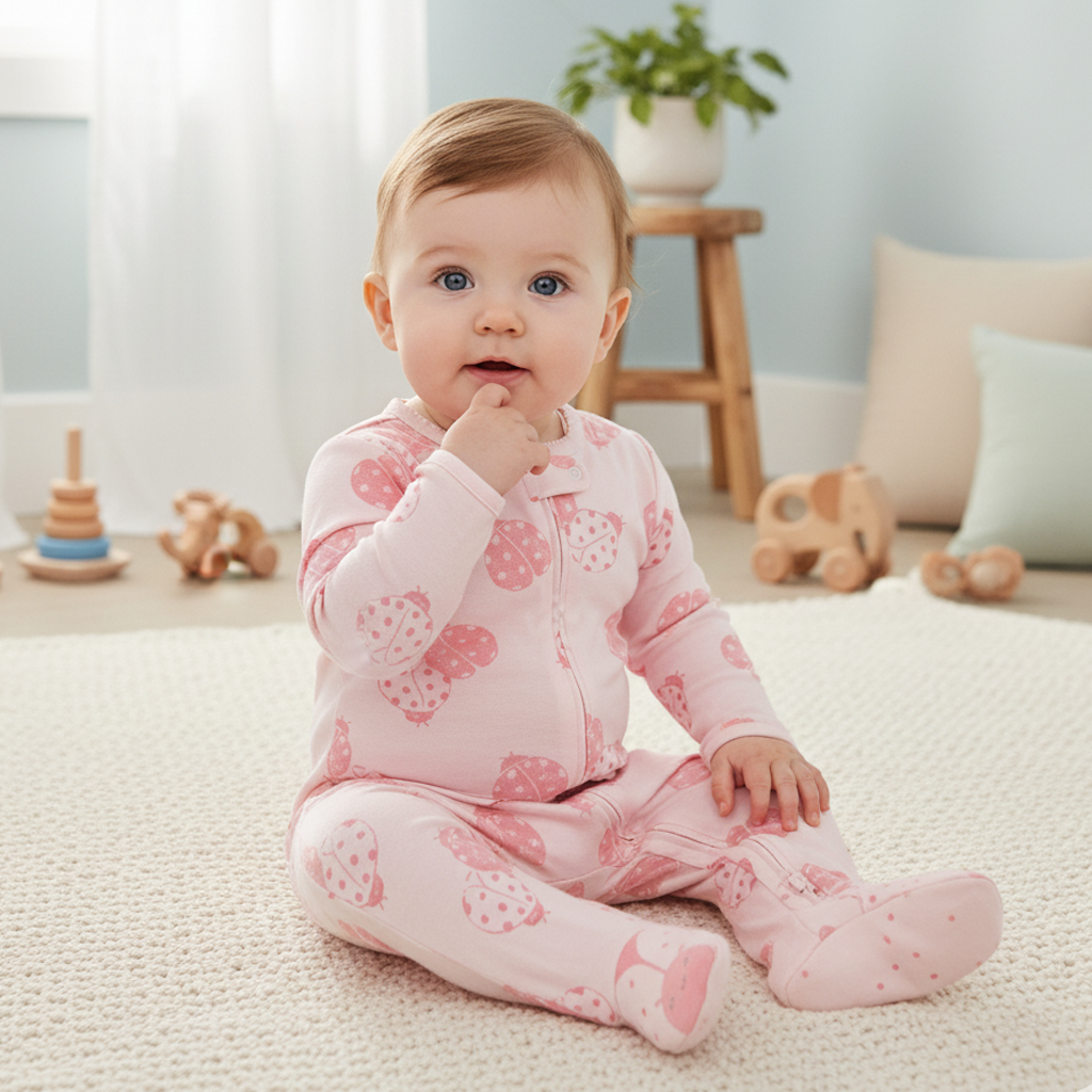 PINK LADYBUG ZIPPER SLEEPSUIT