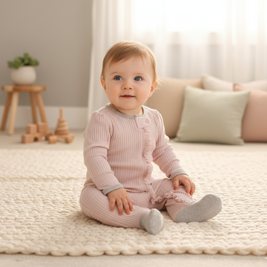 BABY PINK RIBBED SLEEPSUIT
