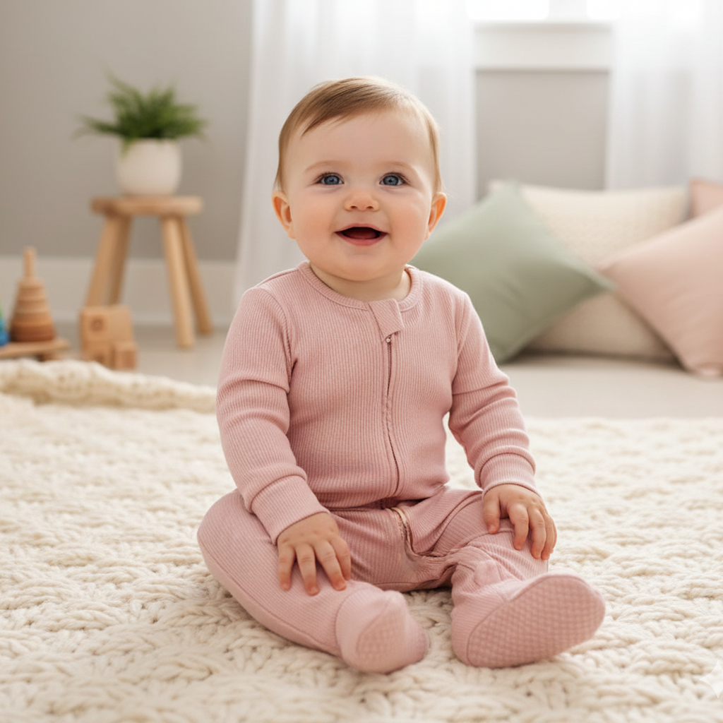 BABY PINK RIBBED SLEEPSUIT