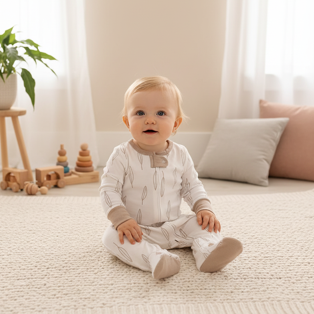 BEIGE AND WHITE LEAF PRINT SLEEPSUIT