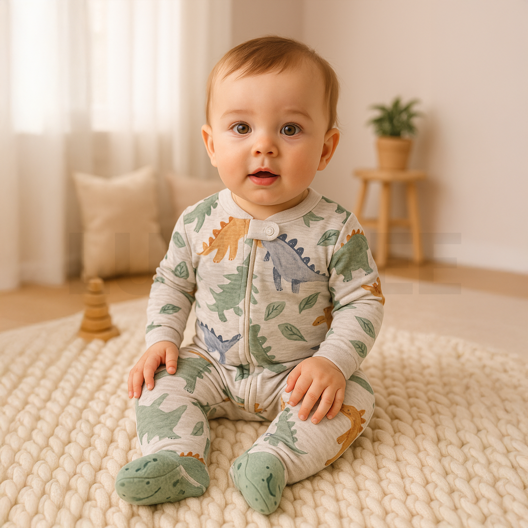 GREY DINO PRINTED SLEEPSUIT