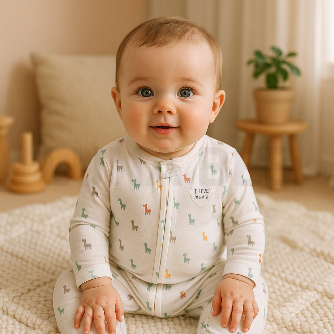 WHITE LLAMA PRINTED SLEEPSUIT