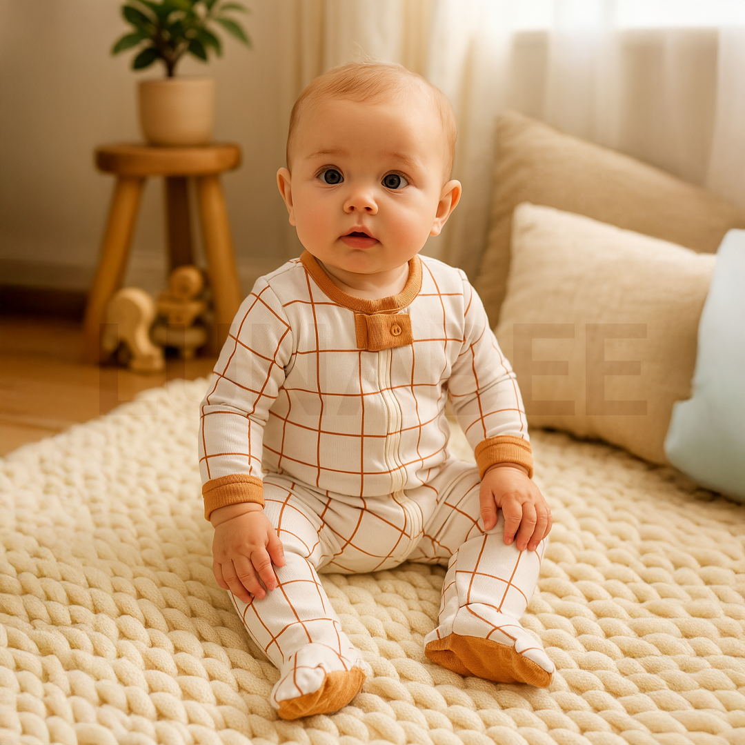 White brown window pane sleepsuit