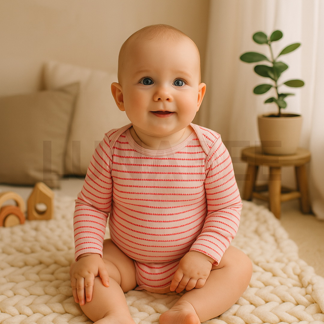 RED PATTERNED STRIPES ONESIE