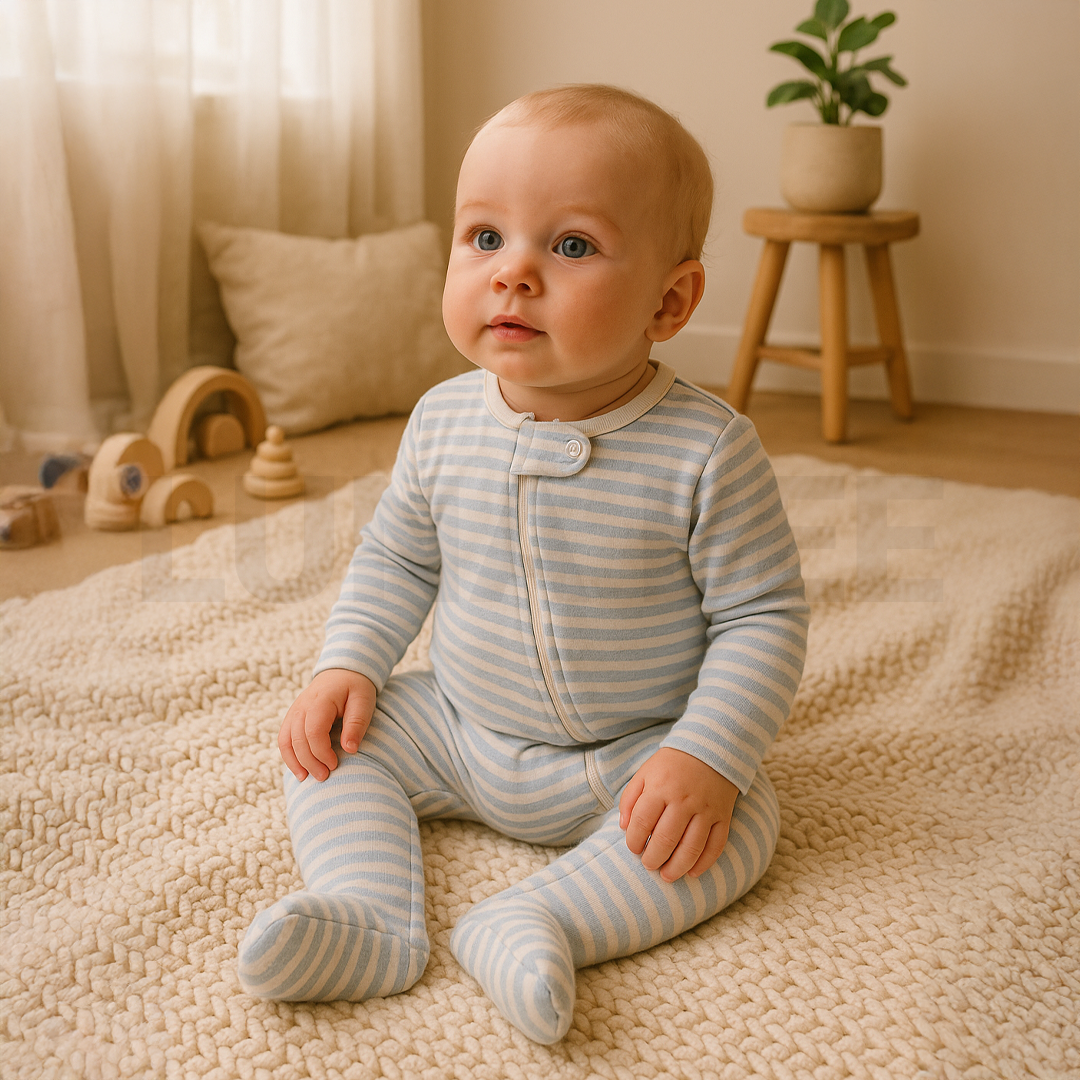 BLUE AND WHITE STRIPES RIBBED SLEEPSUIT