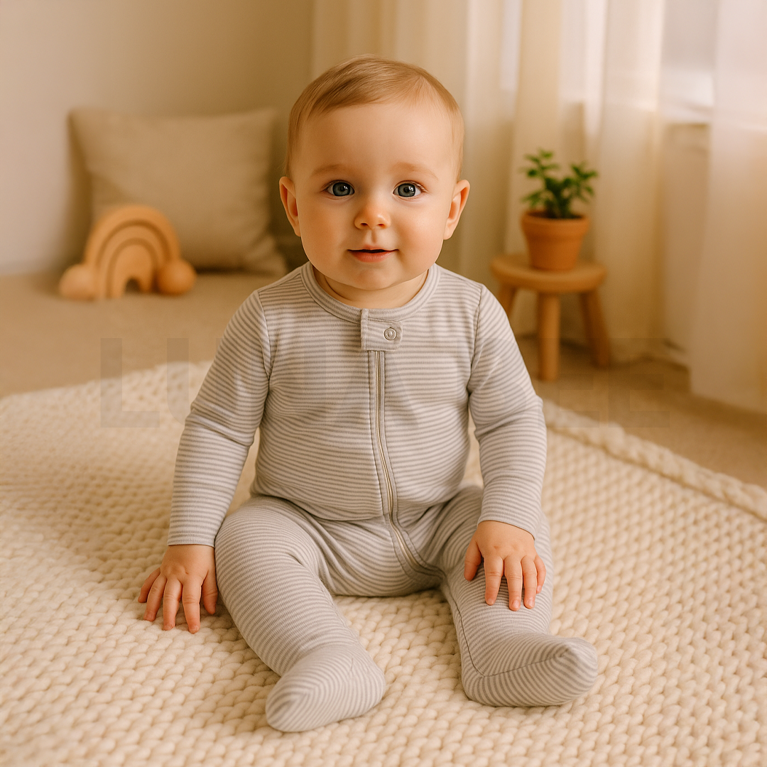 GREY AND WHITE STRIPED ZIPPER SLEEPSUIT