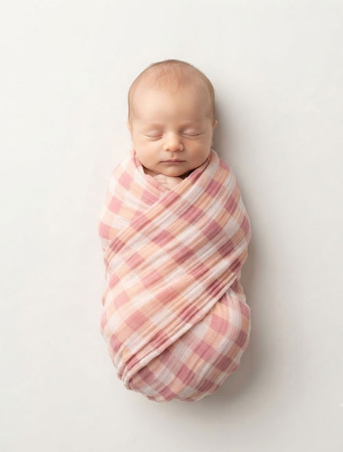 Pink and white  check organic cotton muslin swaddle