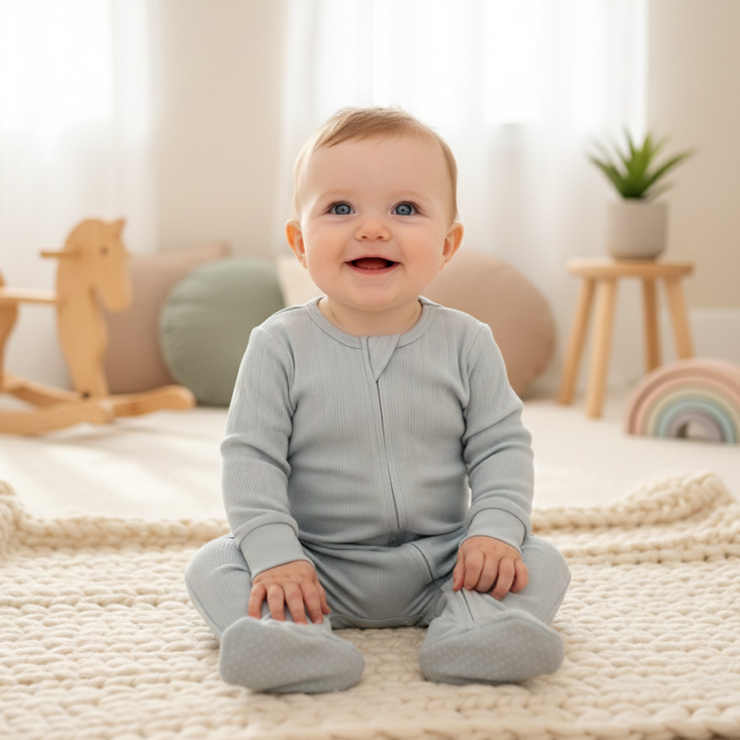 SKY BLUE RIBBED ZIPPER SLIM FIT SLEEPSUIT