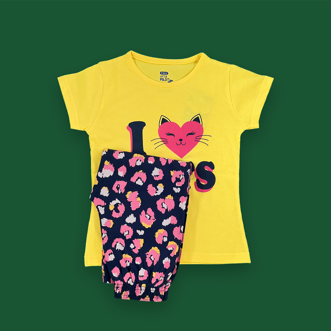 Cat Lover Printed Yellow Color Two Piece for Girls | 3-4 Years |