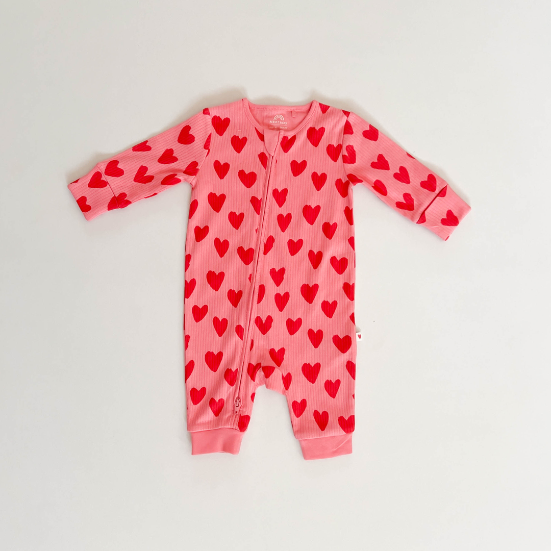 PINK AND RED LOVE PRINT RIBBED ROMPER