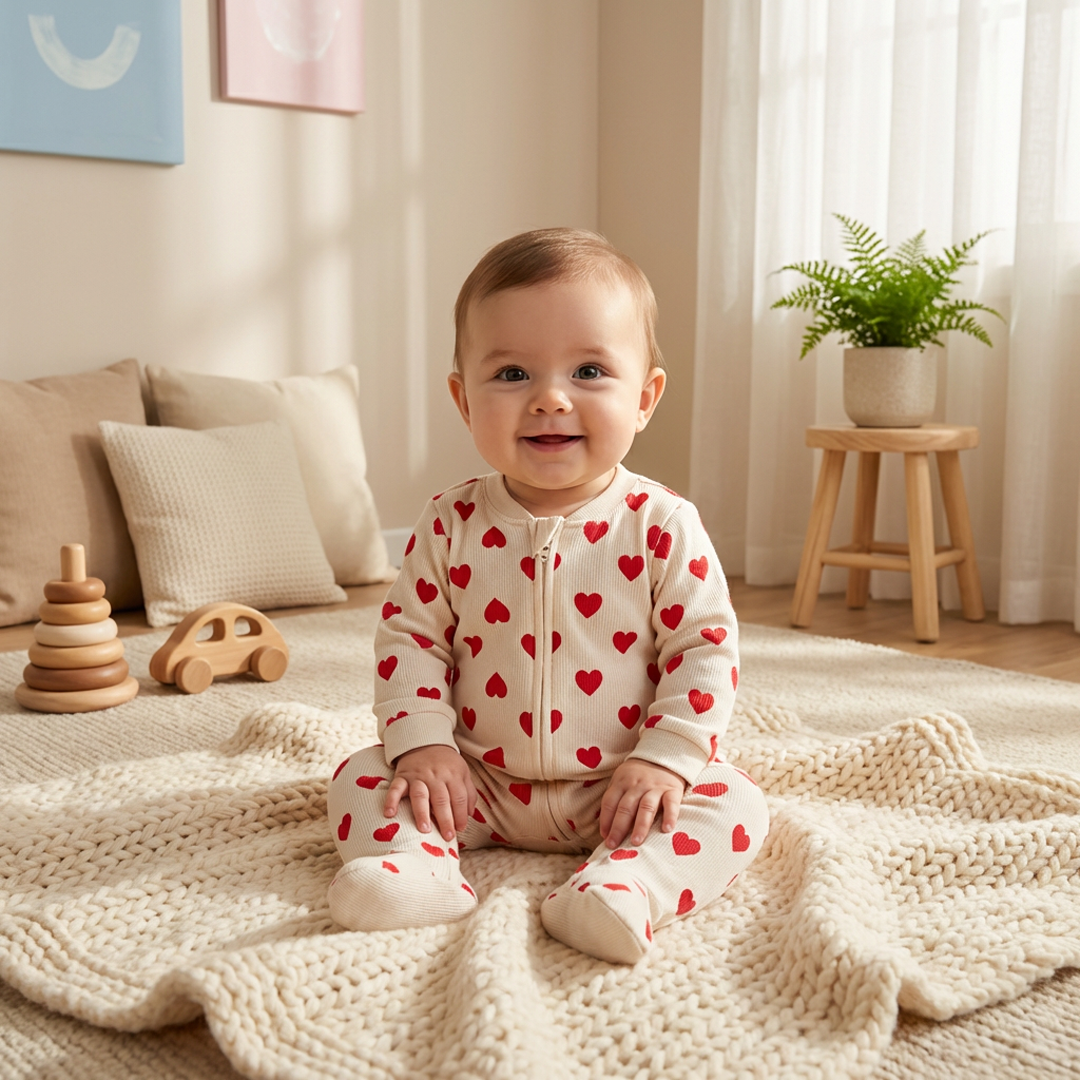 RED LOVE RIBBED ZIPPER SLEEPSUIT