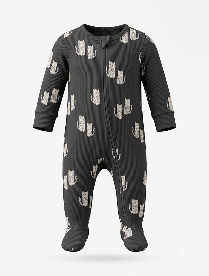 Grey black ribbed 2 way zipper slleepsuit