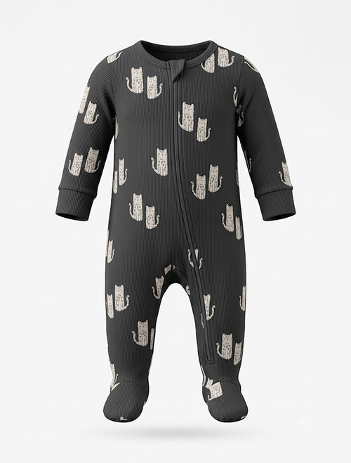 Grey black ribbed 2 way zipper slleepsuit