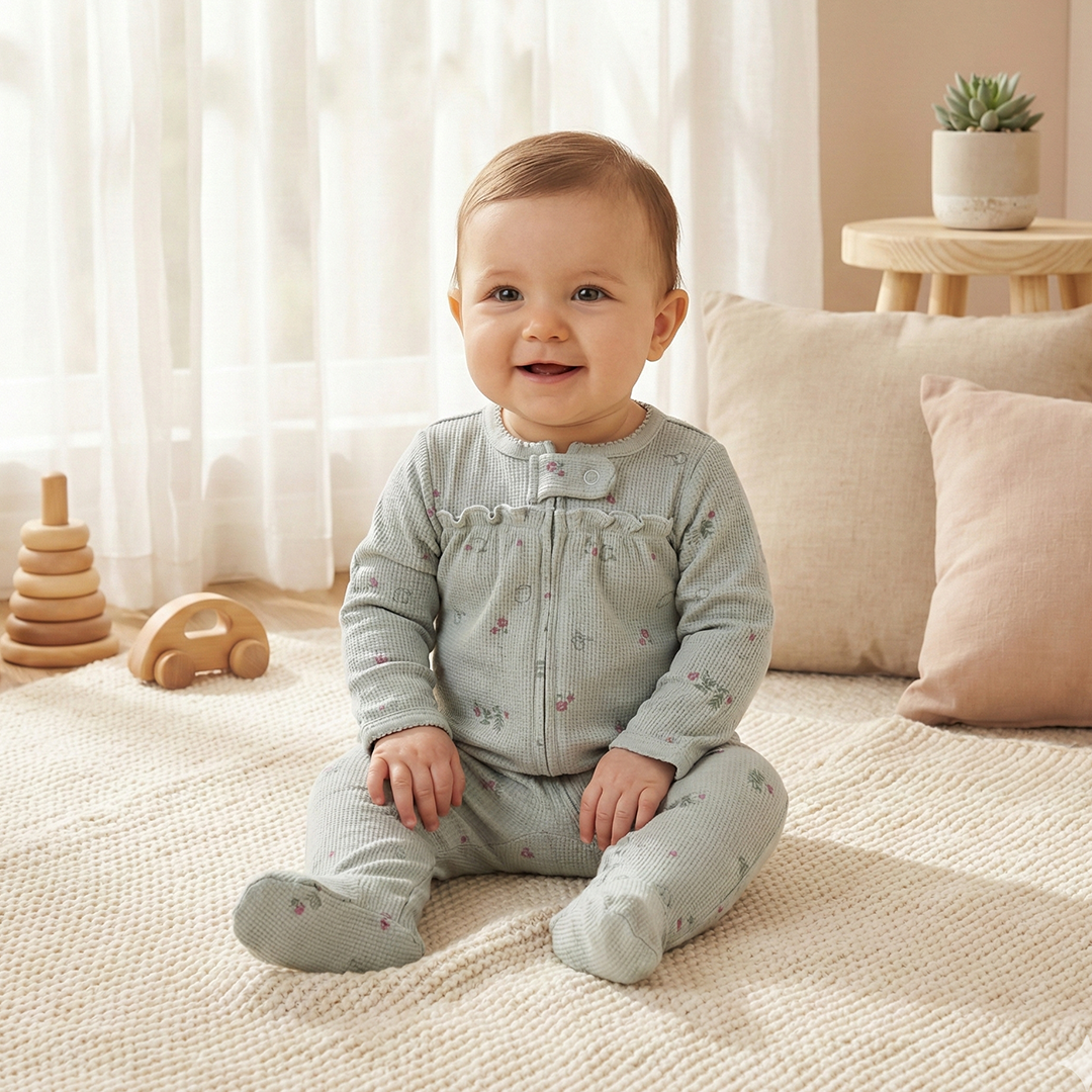 SAGE GREEN KNITTED FLORAL ZIPPER SLEEPSUIT