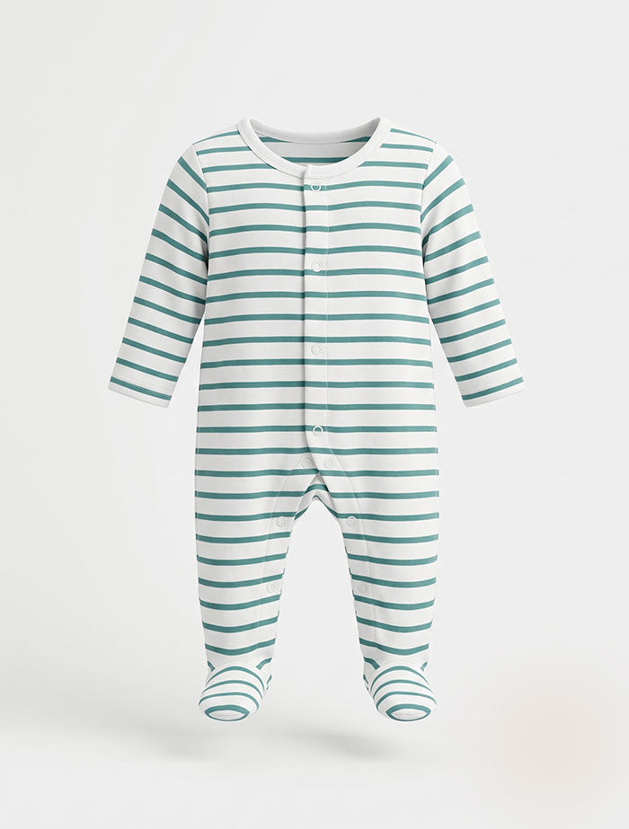 White and green stripes button sleepsuit