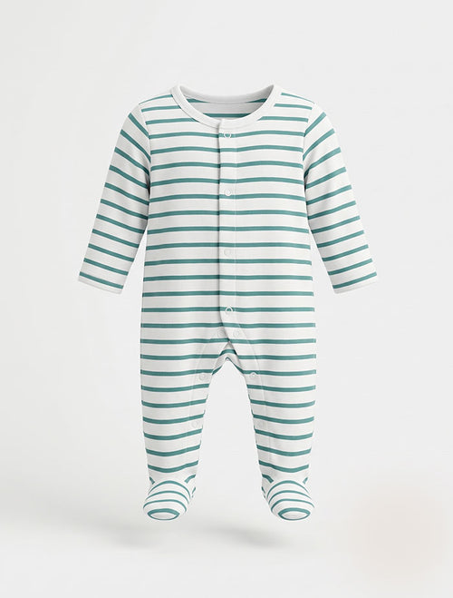 White and green stripes button sleepsuit