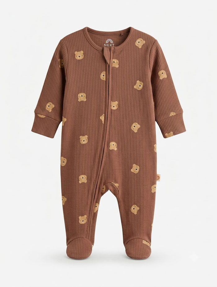 Brown ribbed bear printed sleepsuit