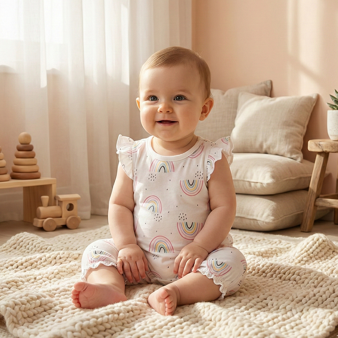 RAINBOW PATTERNED RUFFLES JUMPSUIT