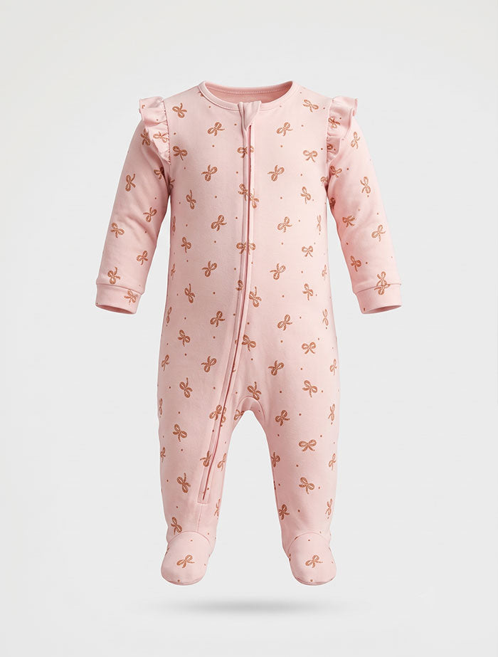 Powder pink gold ribbon zipper sleep suit